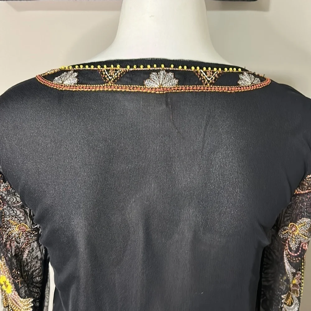 Sundance Beaded and Embroidered Floral Black Top Mesh Sleeve Shirt Sz S